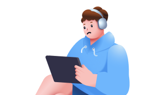 헤드셋끼고 테블릿 보고 있는 남자 사람 이미지